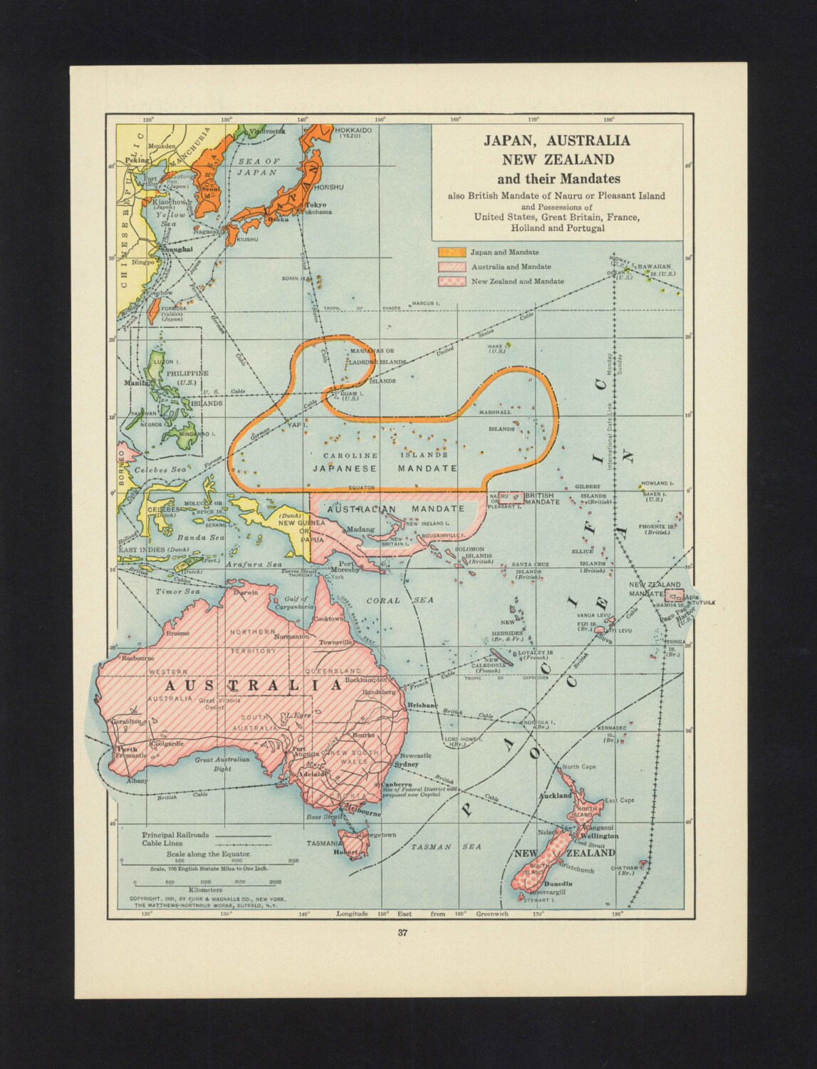 Vintage Map Australia New Zealand Japan From 1921 Original