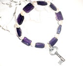 Purple beaded bracelet, Key charm stretch bracelet, Charm jewelry, Swarovski beaded bracelet, Pearl bracelet, Easter jewelry