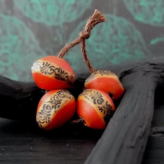 Gypsy Vintage Style Handmade Polymer Round Rondelle Cord Bead - Poppy Aged Golden Bronze - Gypsy Boho Cord Bead - 13mm - Pkg. 4