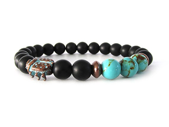Women's Ladybug Bracelet - Matte Black Onyx and Turquoise Howlite ...