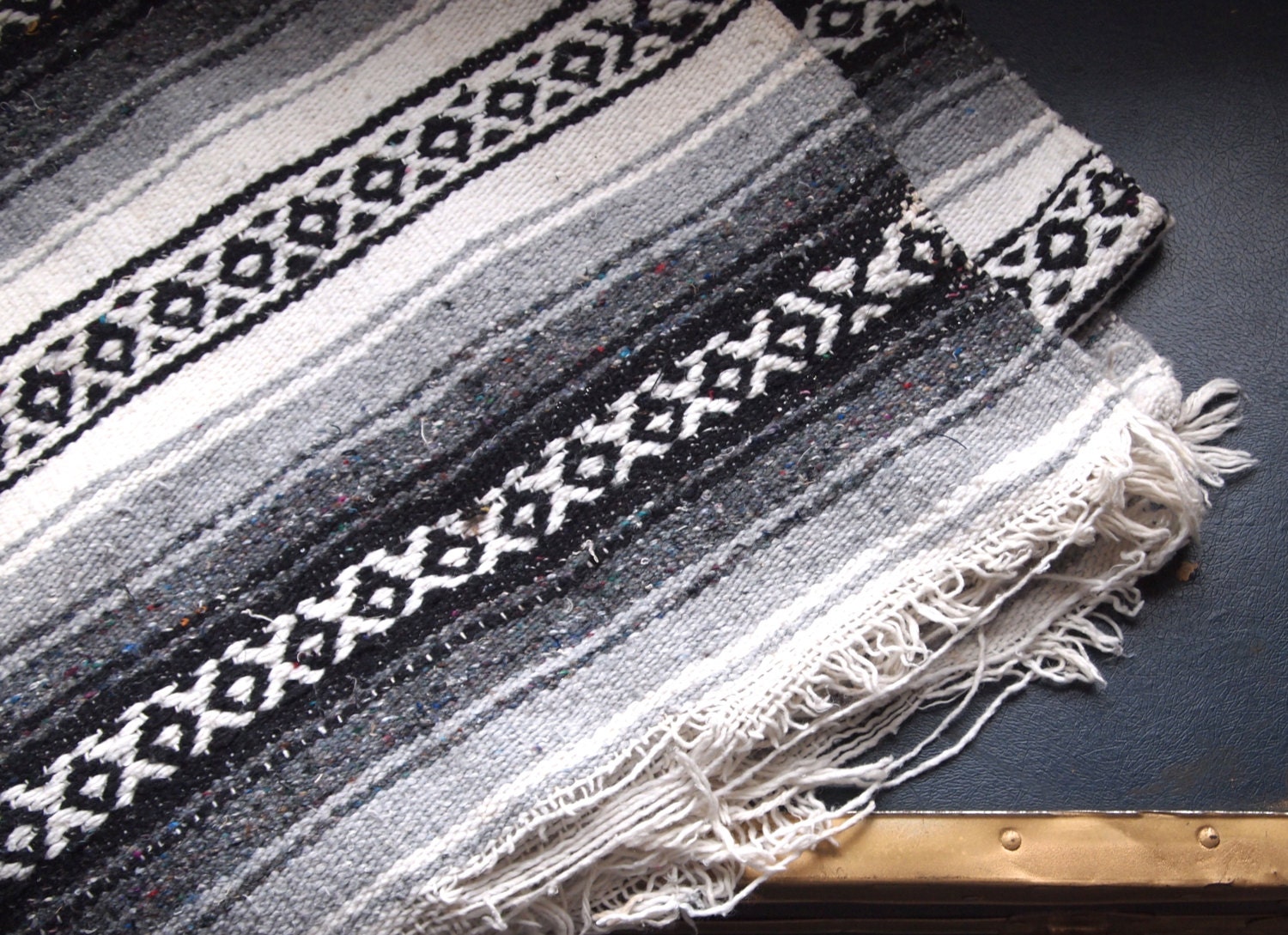 Vtg Black Gray Mexican Blanket Serape Style Scarf Fringe ...