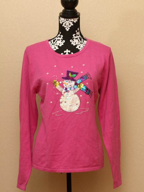 Pink Christmas Sweater Light Weight Xmas Shirt Sequins Snowman