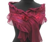 Hand Dyed Silk and Nuno Felted Scarf in Red Burgundy, Bordeaux, Wine Color