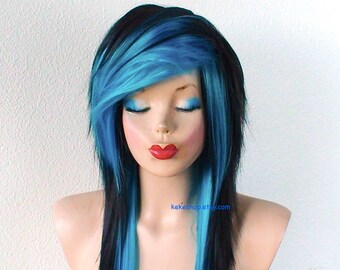 Scene wig. Emo wig. Black / Turquoise Long layered hairstyle wig. Scene girl wig. Durable heat friendly wig for daily use or Cosplay.