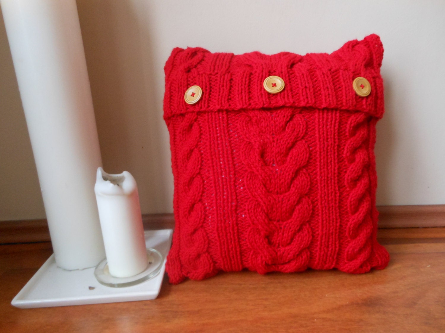 Cable Hand Knit Pillow Cover Pillow Red Pillow Decorative Knit