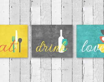 Kitchen Wall Art Print Set - Eat Drink Love - Mustard-Yellow, Grey, Coral, Aqua-Teal // Modern Kitchen Decor // Set of (3) Many Sizes