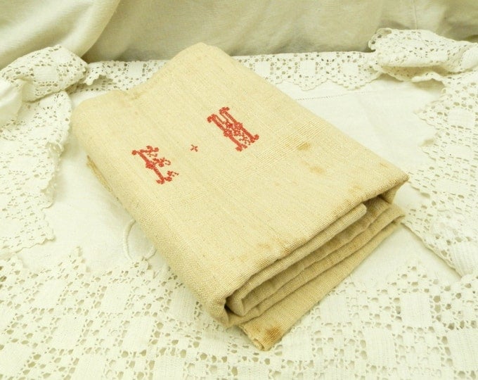 Large Heavy Antique French Ecru Hand Loomed Hemp Tea Towel with Red Cross Stitch Monogrammed E M, Shabby Country Cottage Farmhouse Cloth