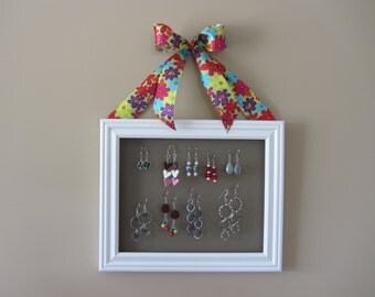 SALE! White Earring Organizer with Flower Ribbon