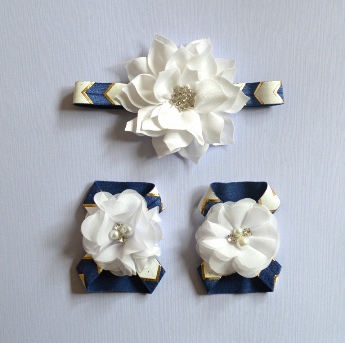 Navy White Gold Chevron Headband Flower Headband & Matching Barefoot Sandals Baby Toddler Rhinestone Christening Headband