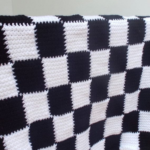 Crochet Entrelac Blanket Toddler Afghan Black and White Twin