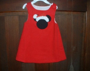 Christmas Red Corduroy Appliqued Jumper--Mouse Ears Santa- Size 12 Months