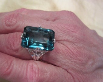 Large Aqua Blue Synthetic Quartz Silver Ring