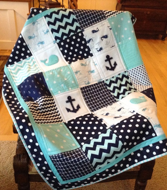 baby boy blanket anchor Whale & by quilt in Nautical teal Baby navy Anchor