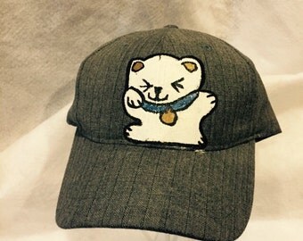 Maneki neko Cat painted charcol gre y hat ...