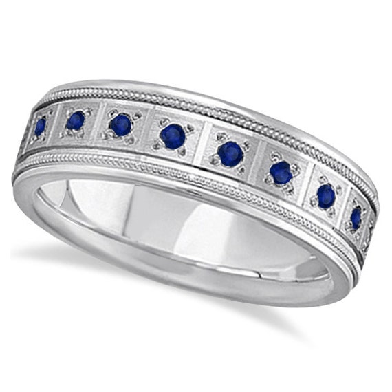 Blue Sapphire Ring for Men Wedding Band 18k White Gold (0.80ct)