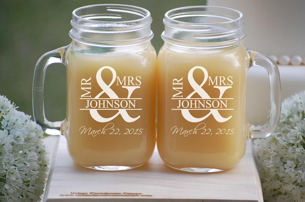 Etched Mason Jar Wedding Glassware with Handle Mr. and Mrs.