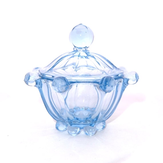 Large Art Deco Blue Glass Trinket Box Blue Bubble Glass Box