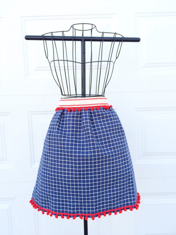 pom pom trim navy Detail Towel Apron Upcycled Pom Dish Apron Tea Pom  with Towel