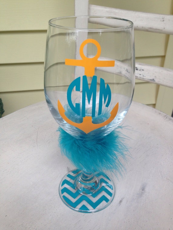 anchor themed monogram wine glass