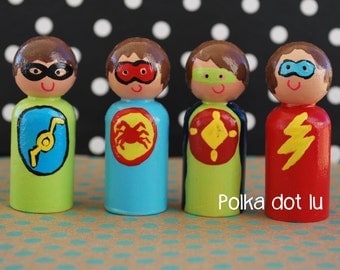 Hand Painted, Wooden Peg Doll, Super Heroes-Set of Four