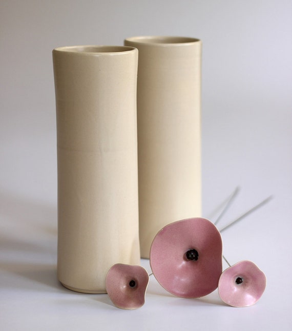 Romantic cream cylinder Vase Tall ceramic flower by SigalitBreuer