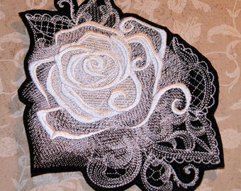 Ghost Rose White Baroque Iron On Embroidery Patch MTCoffinz - Choose Size