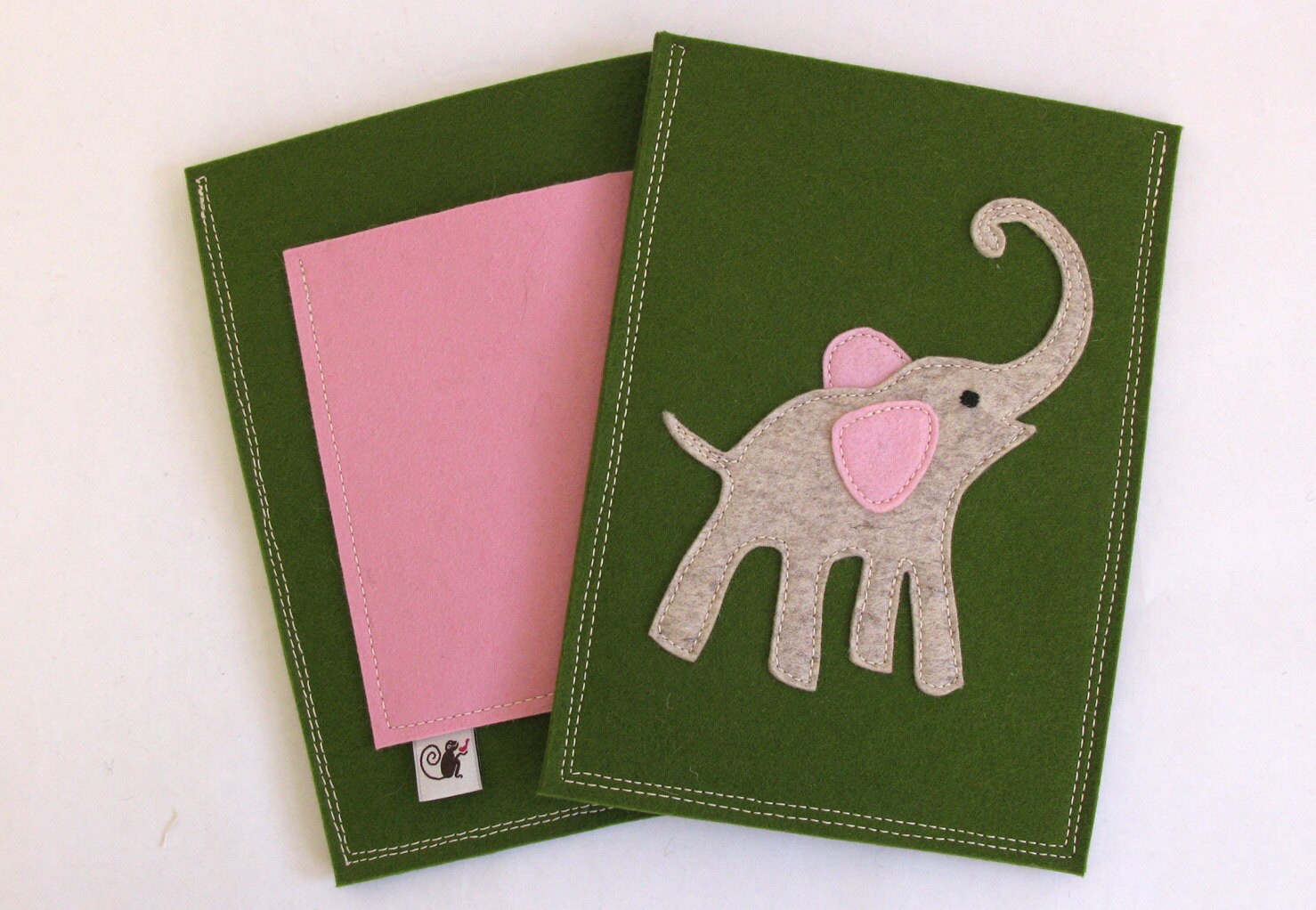 Elephant Kindle Tablet Case in Pink Green and Grey Wool Felt