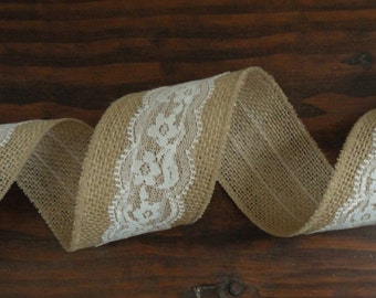 2.5 inch Burlap Ribbon with White Lace Overlay--Burlap Lace Ribbon--Rustic Wedding Decor--Burlap Lace Wedding--Country Wedding Decor