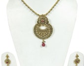 Vintage Retro Style Fashion Pendant Indian Set Polki Kundan Jewelry Necklace Earing Set