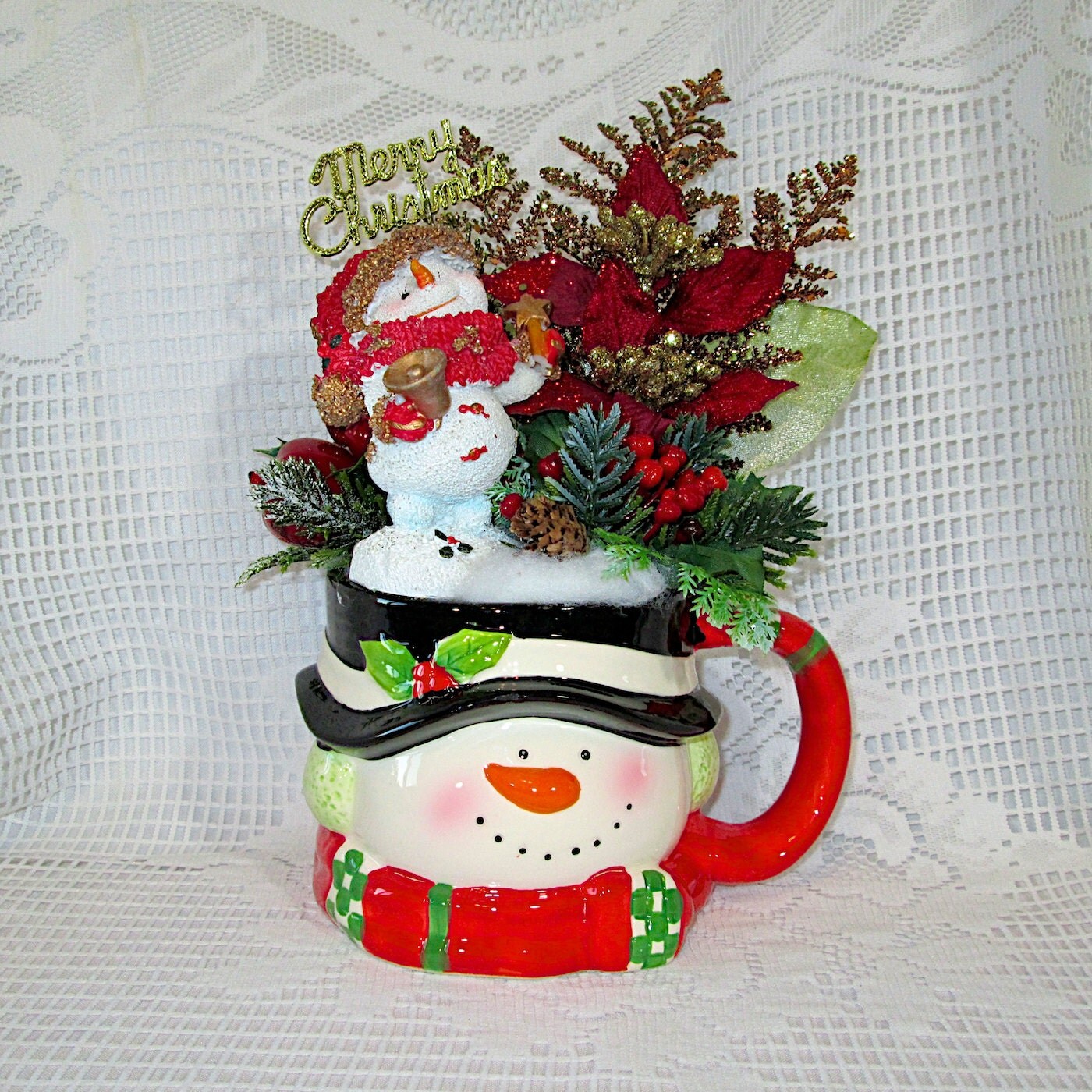 Christmas Floral Arrangement in a Coffee Mug Snowwoman in