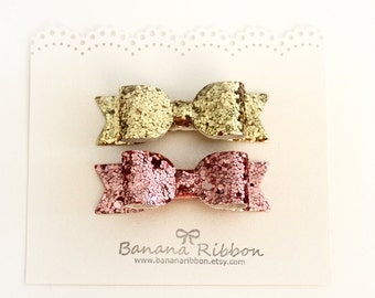 Set of 2 glitter hair bows - Baby and Girls glitter bow sets - baby mini snap clips -Gold and Pink hair bow sets