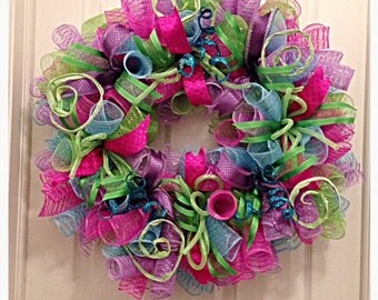 Items similar to Deco Mesh Welcome Spring Wreath Turquoise Hot Pink on Etsy
