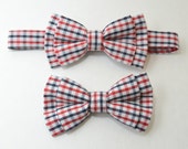 Kids Children  Baby Boys Blue Red White Plaid Gingham Cotton clip on Bow Tie bar pin or pre-tied with straps Bow Tie