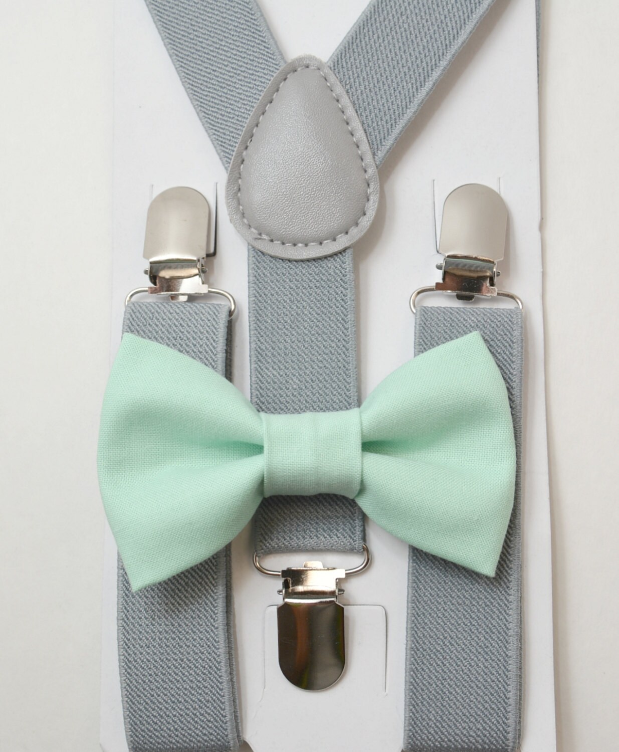 Size 6months- ADULT Baby Boys Kids Children Teen Adult Gray Suspenders & Pastel Pale Mint Cotton clip on / pre-tied bow tie bowtie SET