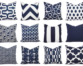 Navy Pillow Covers - One Navy and White Throw Pillow Cover - 20 x 20 Inch Navy Blue Pillow Cover - Decorative Pillow Navy Blue Pillows