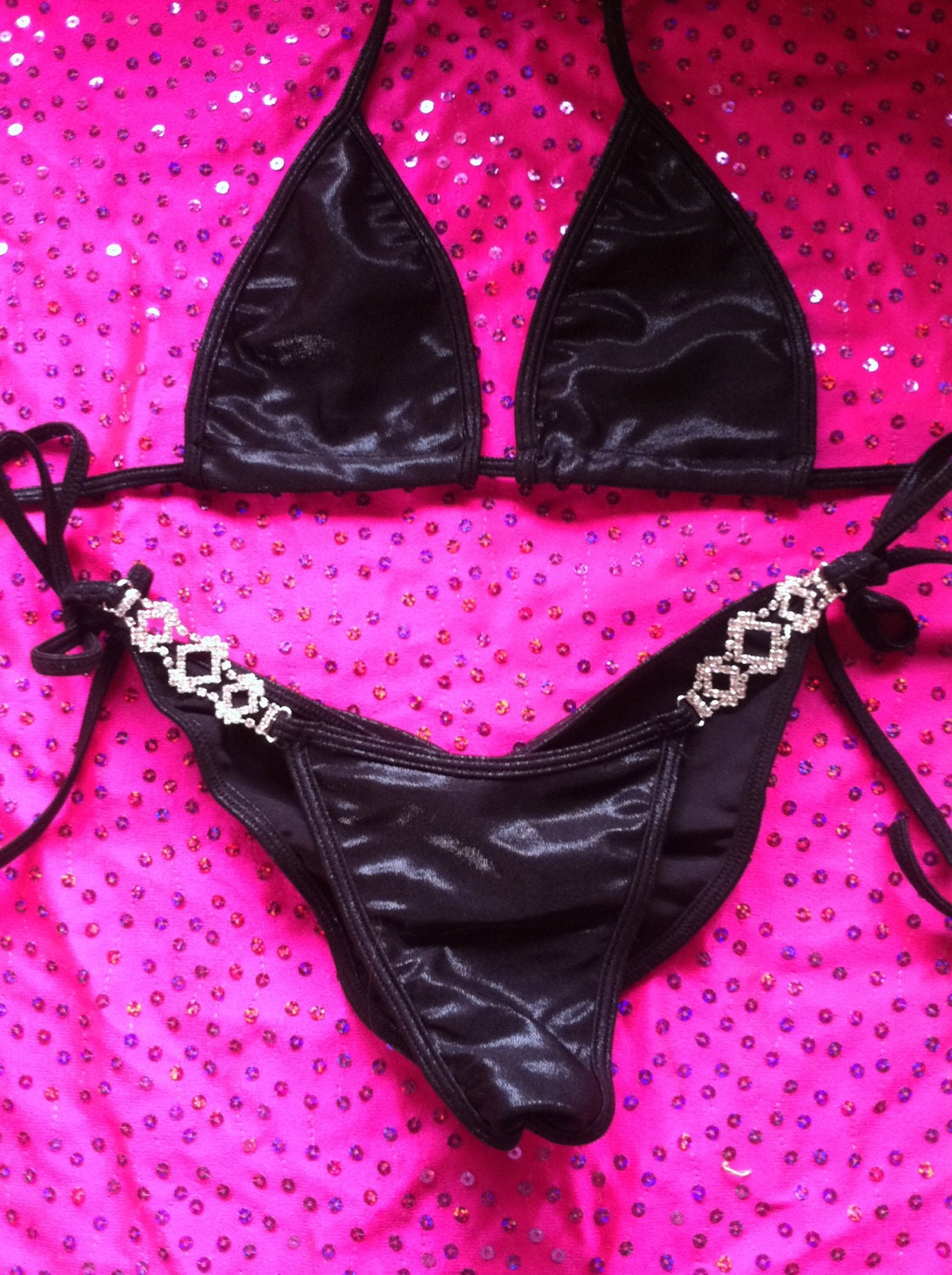 exotic dancewear black wet look with rhinestones scrunch butt