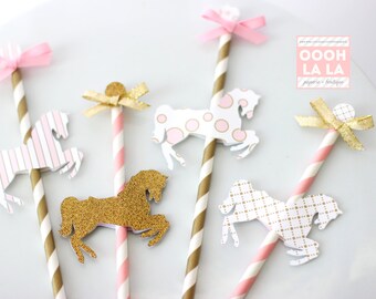 Light Pink and Gold Merry-Go-Round/Carousel Horse Cupcake Topper/Pick- SET OF 12