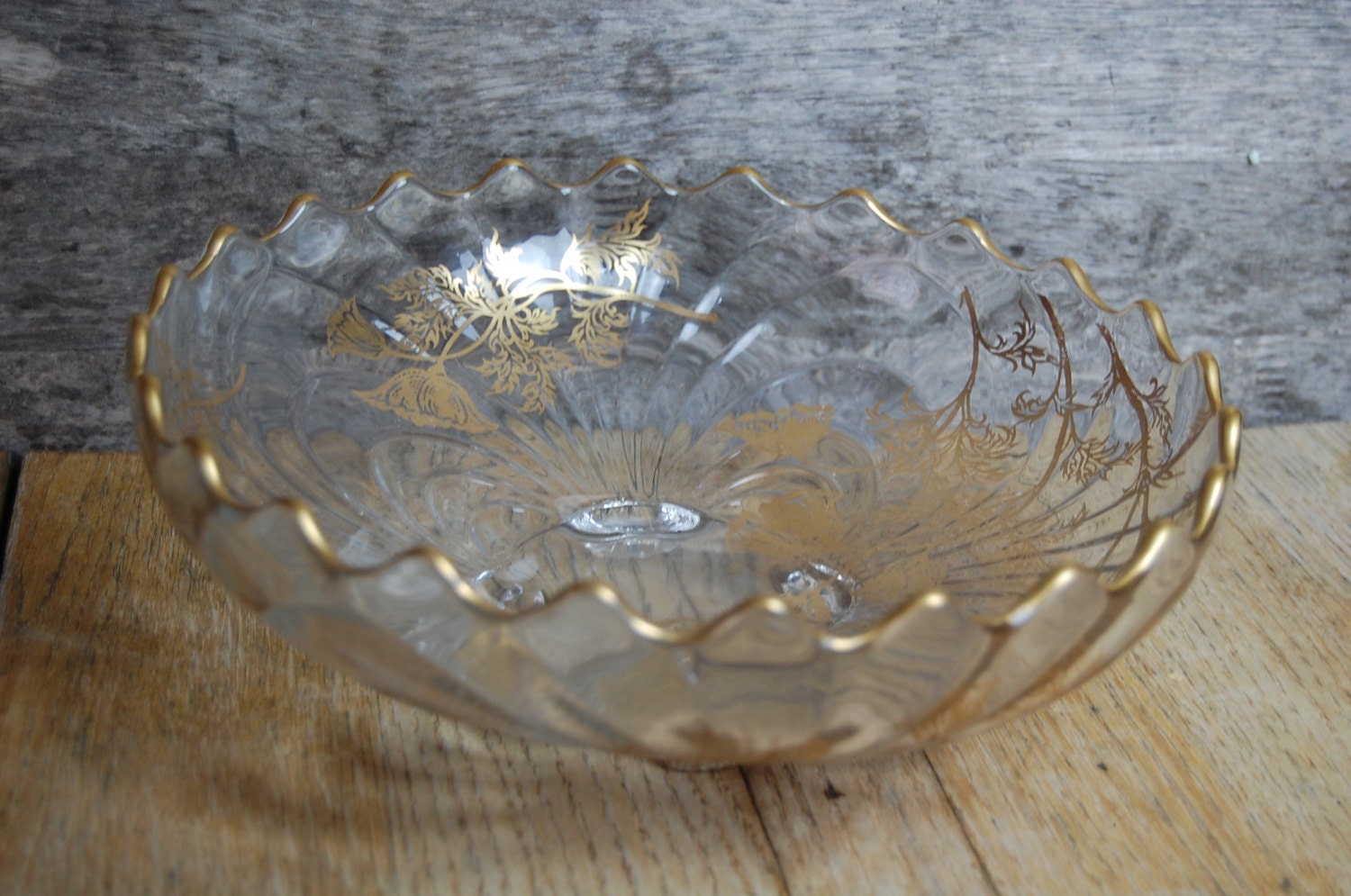 SALE scalloped edge Clear Glass Bowl With Gold Trim by 720vintage