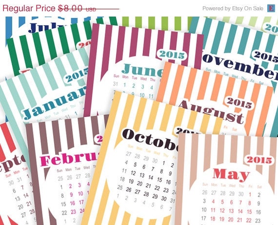 ON SALE 70 % OFF Printable calendar 2015, monthly calendar in circle, striped, cheerful color, home, office, letter size, Diy, download, 8.5 Il_570xn