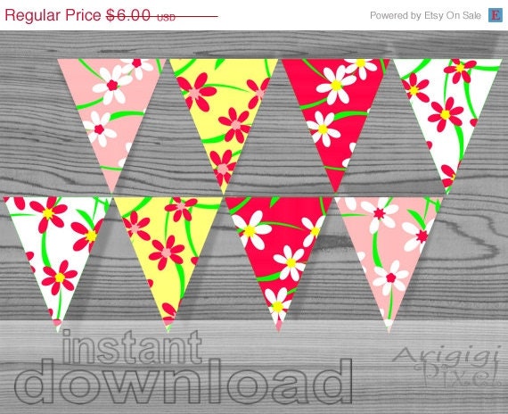 ON SALE 70 % OFF Party banner bunting, printable pennant, pattern with flowers, spring colors, digital download, Pdf files ready to print Il_570xn
