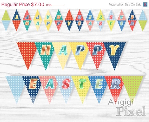 Spring SALE 50 % OFF Happy Easter Banners, Mini Cake Banner, Polka Dot Pennants with Chevron Letters, Printable banner, Colorful Easter garl Il_570xn