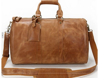 Vintage style brown leather holdall duffel weekend bag carry on flight ...