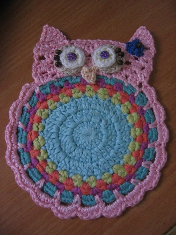 Crochet Owl Coaster. Gift under 15 USD. Free Shipping