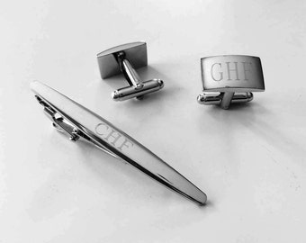 Set of One Personalized Cuff Links & Tie Clip Groomsmen Gifts Custom Cuff Links Engraved Monogrammed Tie Clip for Man-Cs54-Christmas gift