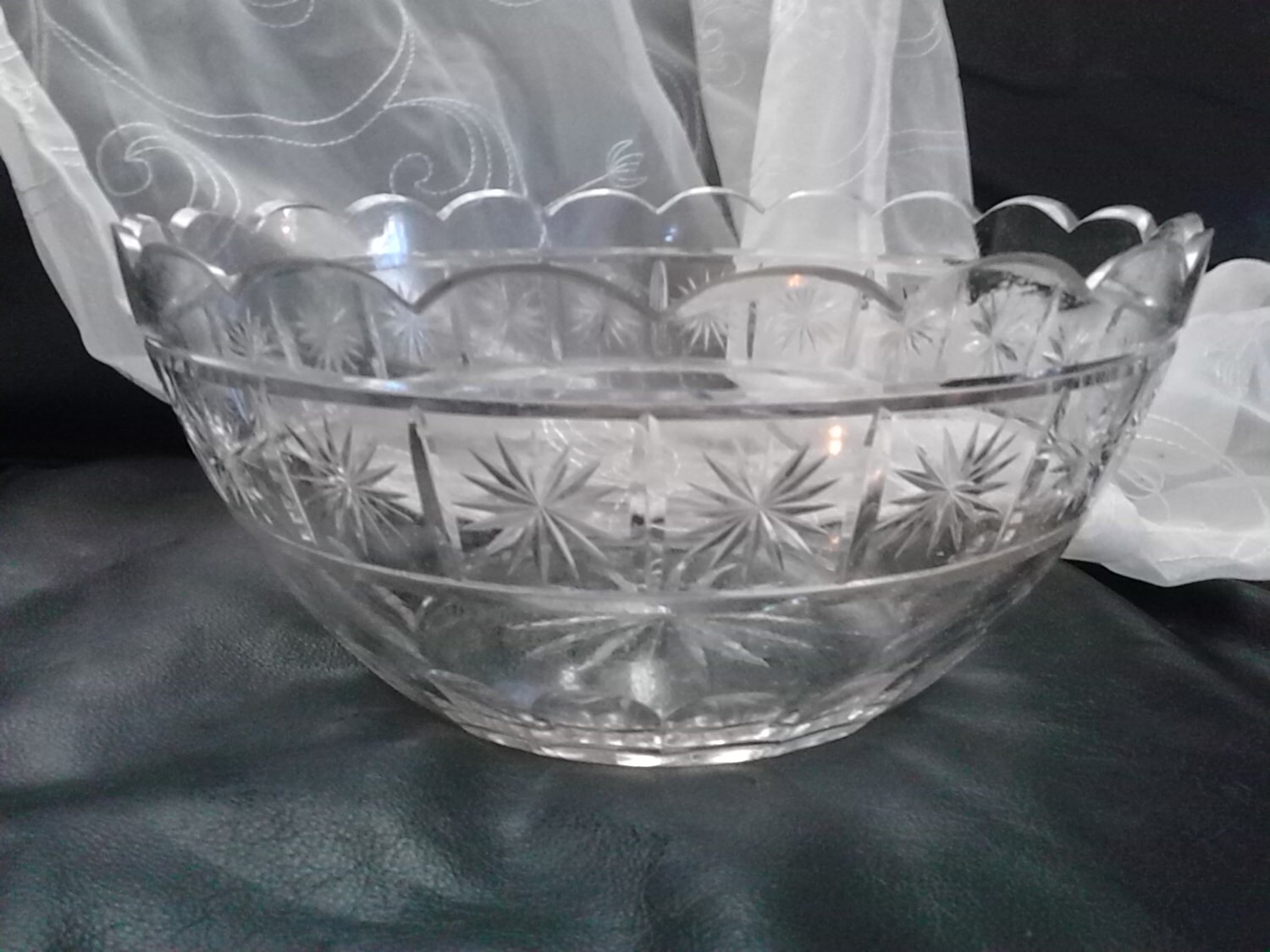 Vintage Cut Crystal Serving Bowl,Sunburst Daisy Flowers,Beveled Squares