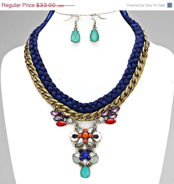 ON SALE jewel pendant braid chain statement necklace