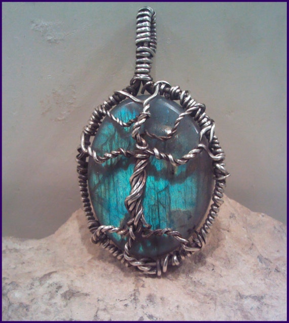Labradorite Aqua Blue Sterling Silver Wire Wrapped Pendant PW445