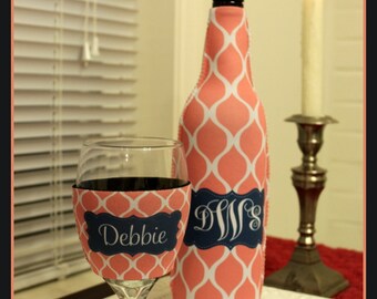 Wine Gift Set Wine Lovers Gift Monogrammed Wine Bottle & Wine Glass Insulator Bachelorette Party Bridesmaids Gifts Bridal Party Gifts