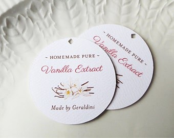 20 Round Vanilla Extract Tags, Wedding Favor Label, Vanilla Bean Illustration, Personalized Gift or Product Labels - Set of 20