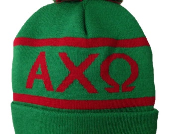 Alpha Chi Omega Knit Beanie Pom Winter Hat - Old Colors